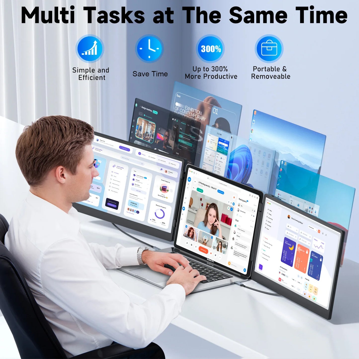 14'' S3 Triple Screen Gaming Portable FHD IPS Foldable Holder With Dual Extendable Arms Type-C Interface