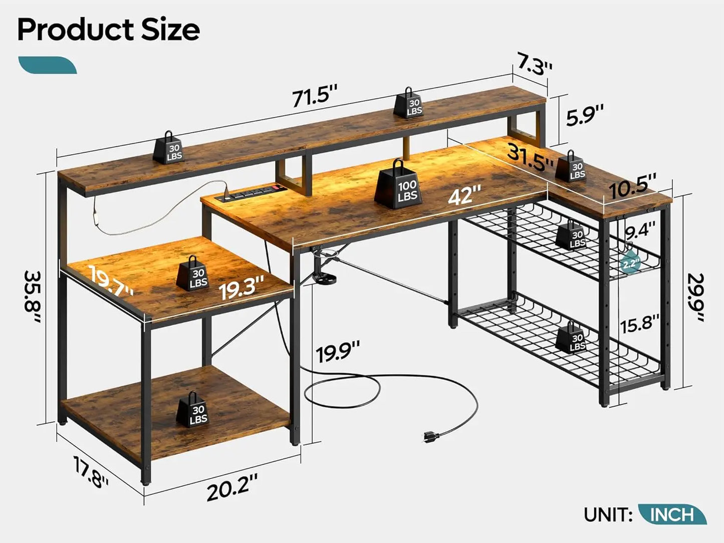 71.5 inch Computer Desk with Power Outlets, LED Large Home Office Desk with Monitor Stand, L Shaped Corner Desk, Customized