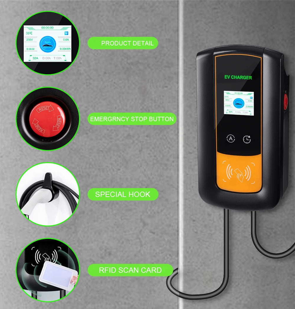 IPENGEN 22KW 32A 3Phase EV Charging Station Type2 IEC62196-2 Electric Car Charger 5m Cable EVSE Wallbox WIFI APP Control