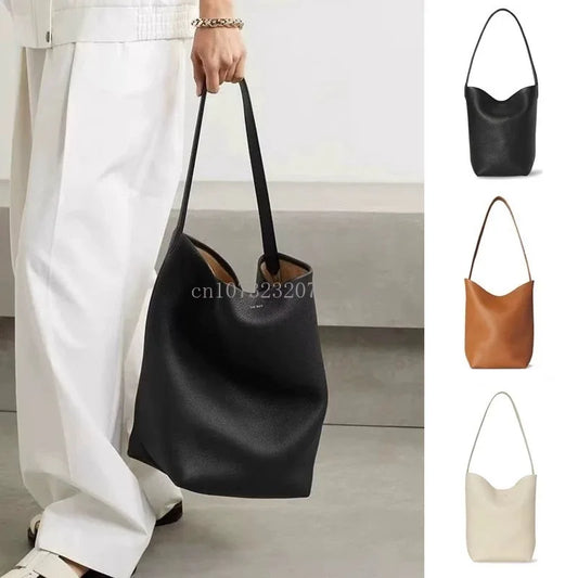 Soft Leather Bucket Bag Large Capacity Commuter Shoulder Handbag Lychee Pattern Women's Underarm Female Ladies Versatile Handbag