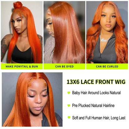 Colored Ginger Human Hair Wigs 13X6 Hd Lace Frontal Wig Straight Lace Front Wigs Pre Plucked 30 Inch 250 Density For Black Women