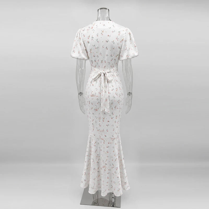 TARUXY Stylish Printed Maxi Dress Women Elegant Slim V-Neck Short-Sleeve Evening Dress Summer New Casual Commuter Female Dress