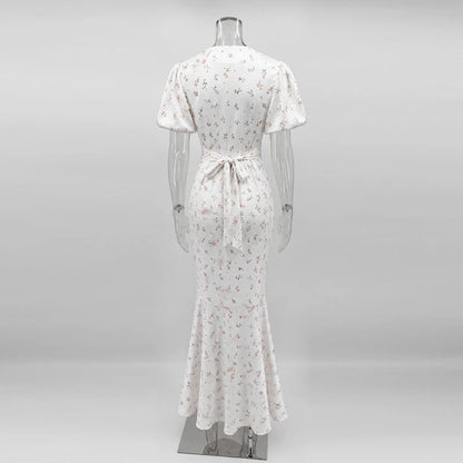 TARUXY Stylish Printed Maxi Dress Women Elegant Slim V-Neck Short-Sleeve Evening Dress Summer New Casual Commuter Female Dress