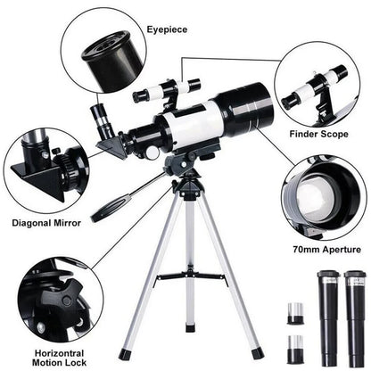 150X Astronomical Telescope , 70mm Aperture Refractor Portable Travel Telescope with Phone Adapter &Wireless Remote