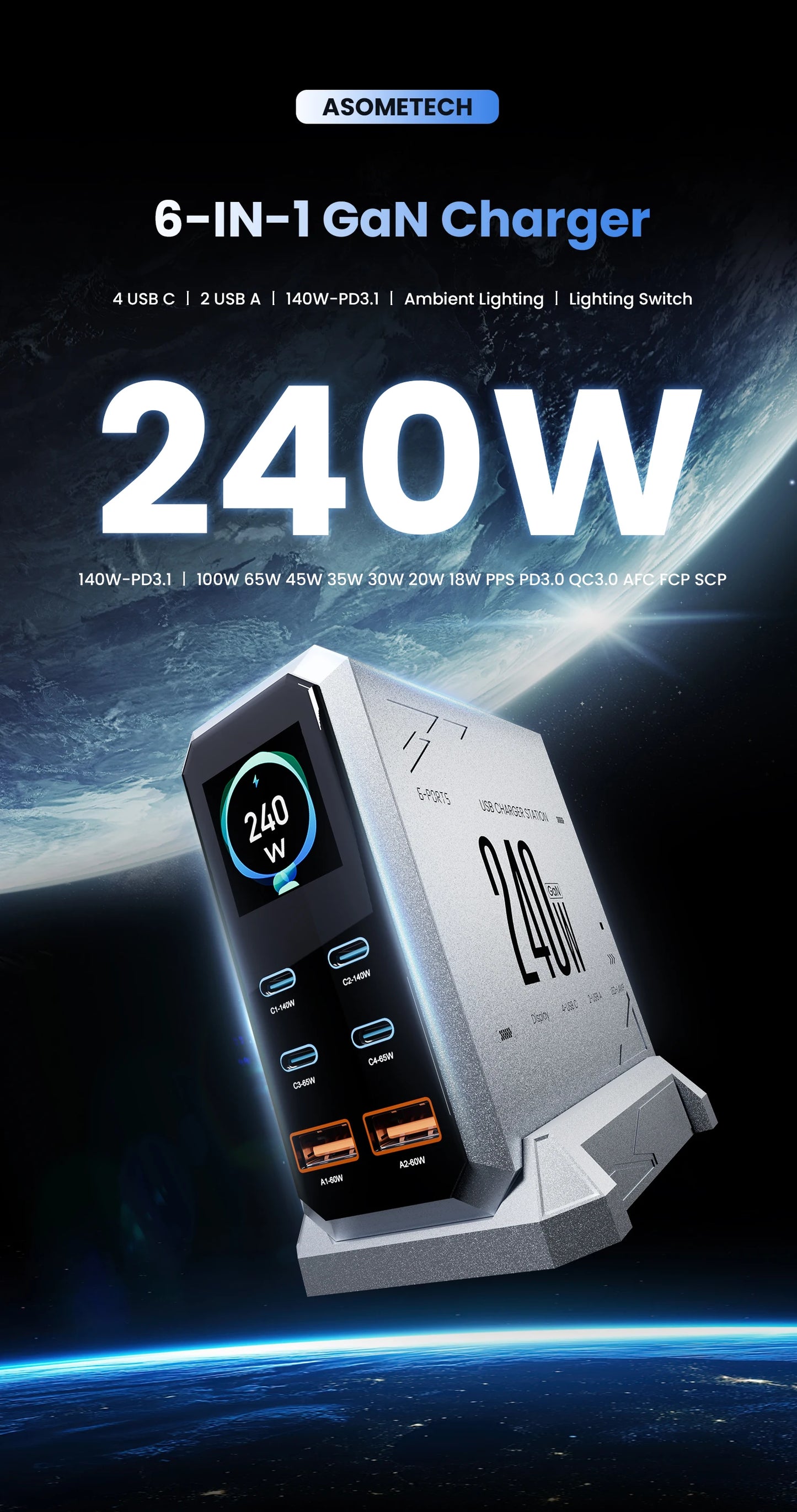 240W GaN Charger 6-IN-1 140W PD3.1 PPS USB Type C Digital Display Fast Charging Station for iPhone 16 15 MacBook Laptops Samsung