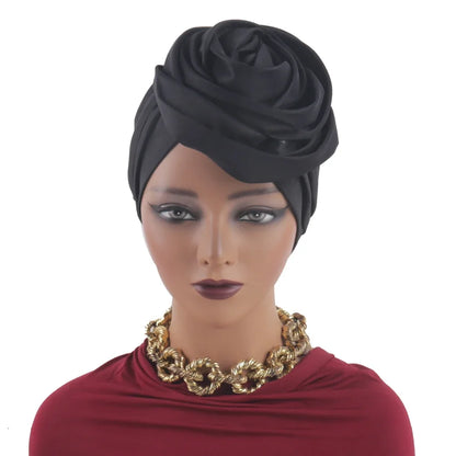 Raw Silk Big Rose Flower African Turban Caps for Women Headwear Head Wraps Nigerian Wedding Geles Party Headgear Bonnet