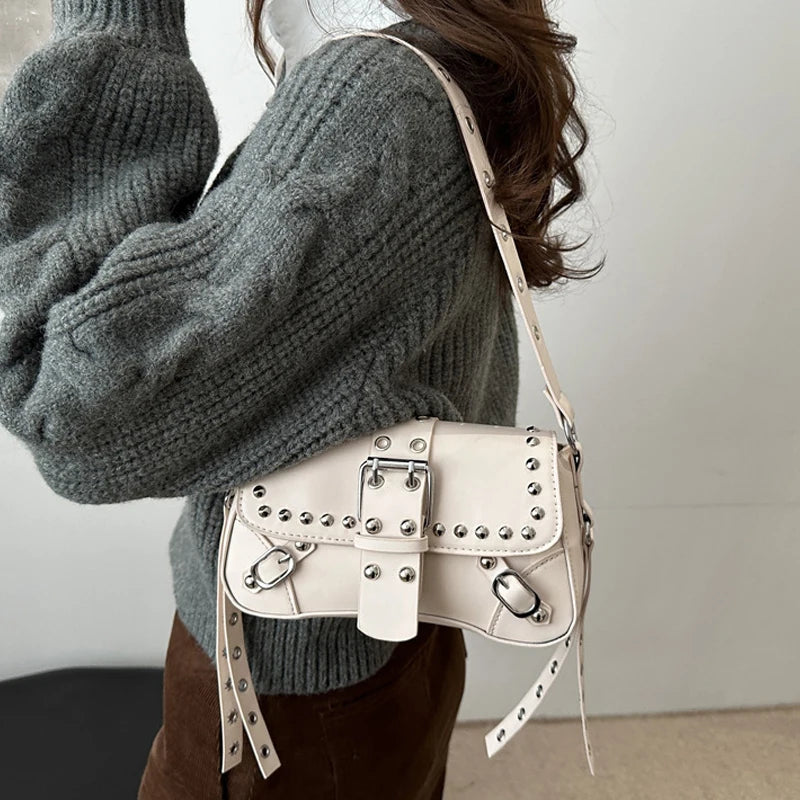 Shoulder Bag for Women Pink Underarm Bags PU Leather Crescent Bags with Rivet Small Y2k Purses Trendy Armpit Purse