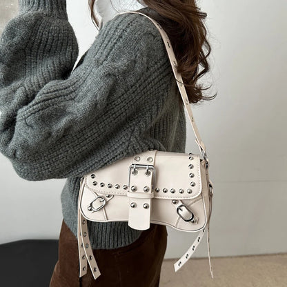 Shoulder Bag for Women Pink Underarm Bags PU Leather Crescent Bags with Rivet Small Y2k Purses Trendy Armpit Purse