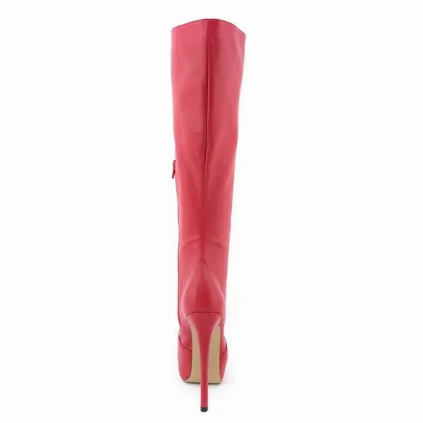 New Large Size Women Boots Autumn Winter Sexy 14cm Super High Heels Long Over Knee Long Boots Leather Round Toe Red Pumps Shoes