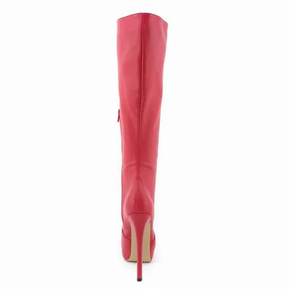 New Large Size Women Boots Autumn Winter Sexy 14cm Super High Heels Long Over Knee Long Boots Leather Round Toe Red Pumps Shoes