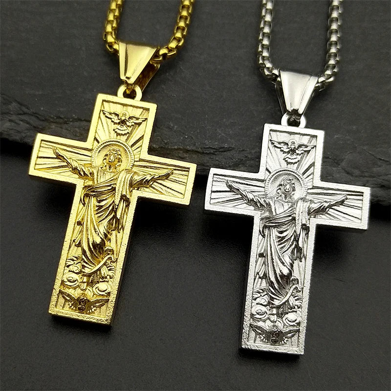 Stainless Steel Cross Jesus Pendant Necklace for Women Men Gold Color Chain Religious Crucifix Necklaces Amulet Jewelry Gift