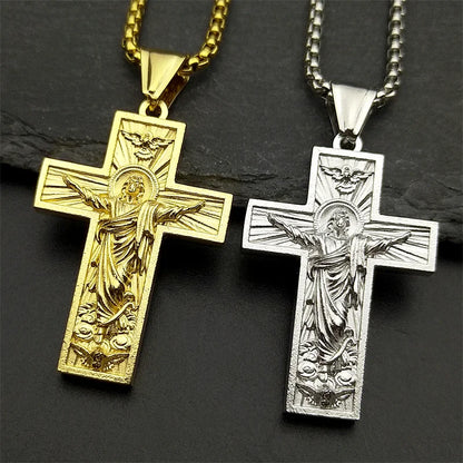 Stainless Steel Cross Jesus Pendant Necklace for Women Men Gold Color Chain Religious Crucifix Necklaces Amulet Jewelry Gift