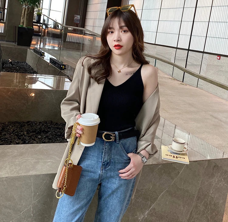 Korea Summer Tops 2026 New Solid V-Neck Elastic Knitted Suspender Camis Women's Tanks Clothing Basics Shirt