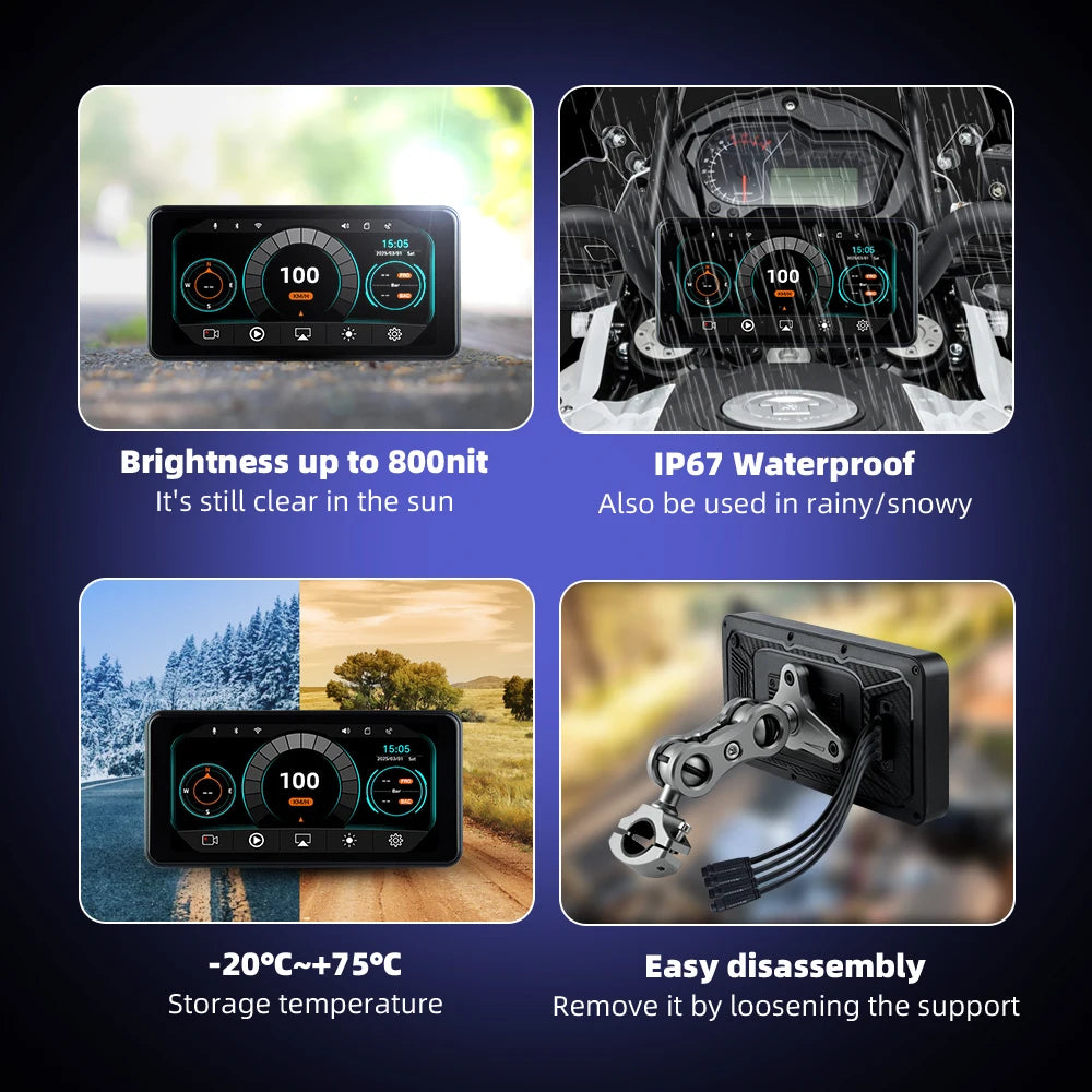 EKIY 6.25" Wireless CarPlay Moto Android Auto Portable Digital Dashboard GPS Motorcycle Navigation Display Screen TPMS Monitor