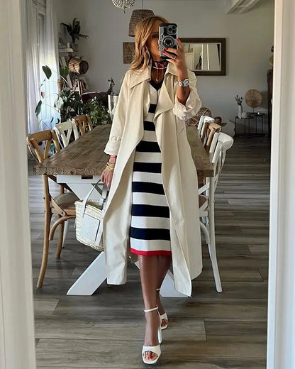 Black White Striped Pullover Dress For Women 2024 Summer New Style Striped V-neck Hem Slit Casual Loose Dress Ladies Vestidos