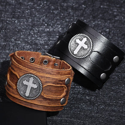 Kirykle Fashion Cross Stud Spikes Rivet Bracelet for Man Adjustable Leather Wristband Bangle Cuff Wide Cuff Punk  Jewelry Gift