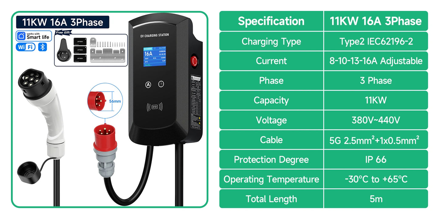 Puppyfc EV Charger 32A 7.6KW Electric Vehicle Car Charger EVSE Wallbox 11KW 22KW 3Phase Type2 5m IEC62196-2 Socket APP Control