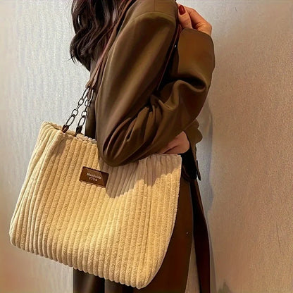 Large Capacity Corduroy Tote Bag Chain Handbag Shoulder Bag for Women, Polyester Lining, Zip Closure, Black, Beige, Khaki, Green