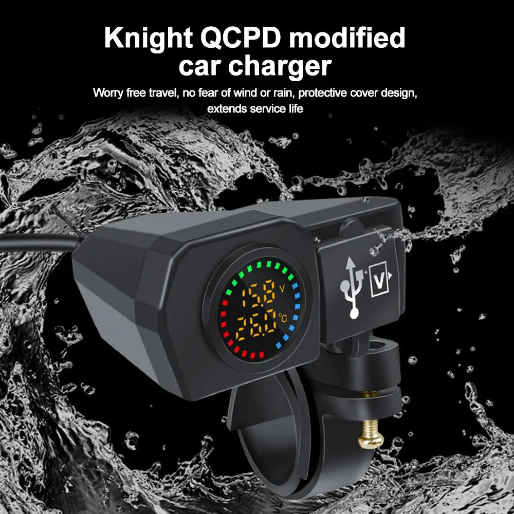 60W Motorcycle QC3.0 PD Charger Socket USB Type-C Fast Charging Motorcycle Charger Plug Voltmeter Thermometer Digital Display