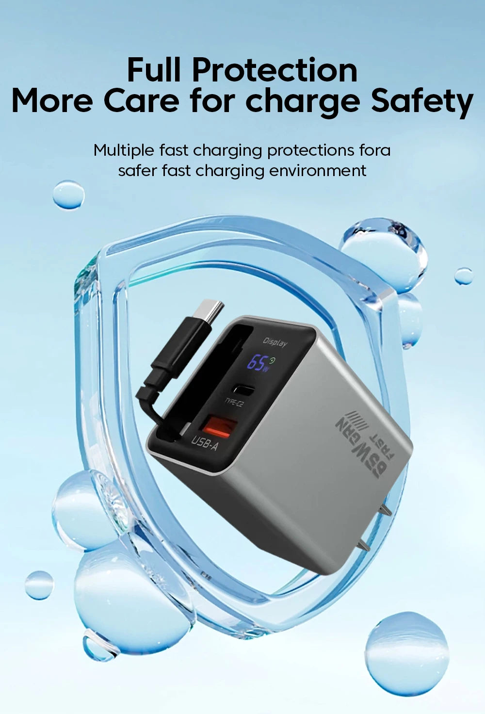 65W USB C GaN Charger Wall Charger Power Adapter Digital Display With Retractable Type C Cable For iPhone 17 16 Samsung Xiaomi