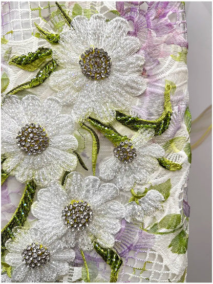 Womens Summer Hollow Embroidery Dress Short Sleeve Beaded Applique Lace Midi Dress Casual Elegant Chic Summer Party Wear