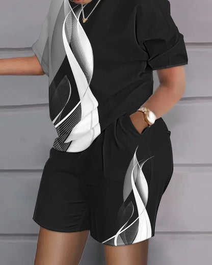 Ladies Casual Summer Two Piece Sets Printed Shorts Sets Women Round Neck Short Sleeve T Shirts Pullover High Waist Trousers Suit