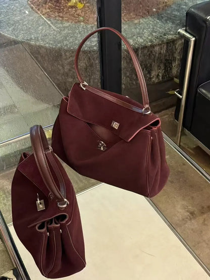 25 New Soft Suede Tote Bag Large Capacity Frosted Cowhide Lock Bag Women's Crossbody Shoulder Bag