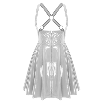 Gothic Punk Women Wet Look Latex Leather Dress Sleeveless Front Cut Out Cups Bodycons Dress Sexy Raves Party Nightclub Clubwear
