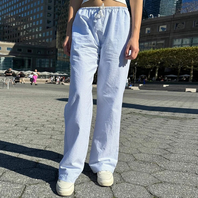 Y2K Vintage Striped Loose Pants Comfy Loung Pants Streetwear Casual Tie Up Waist Wide Leg Trousers Women Pajamas Sleepwear