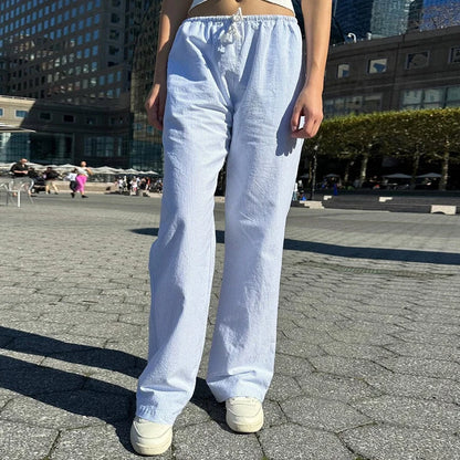 Y2K Vintage Striped Loose Pants Comfy Loung Pants Streetwear Casual Tie Up Waist Wide Leg Trousers Women Pajamas Sleepwear