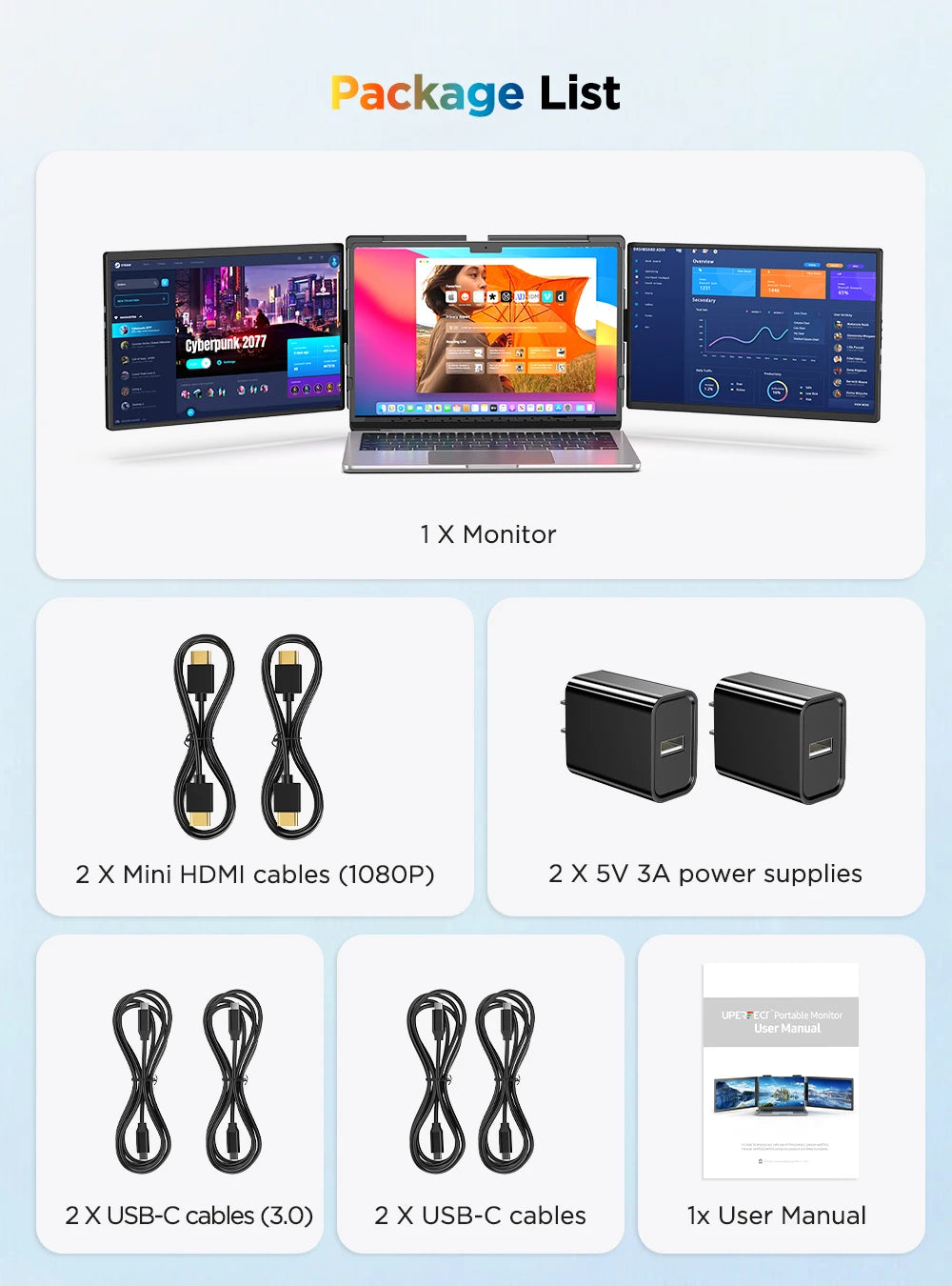 UPERFECT 14" 2K Triple Portable Monitor with 360° Rotation Stand 2240x1400 QHD IPS Laptop Screen Extender for Windows Chrome Mac