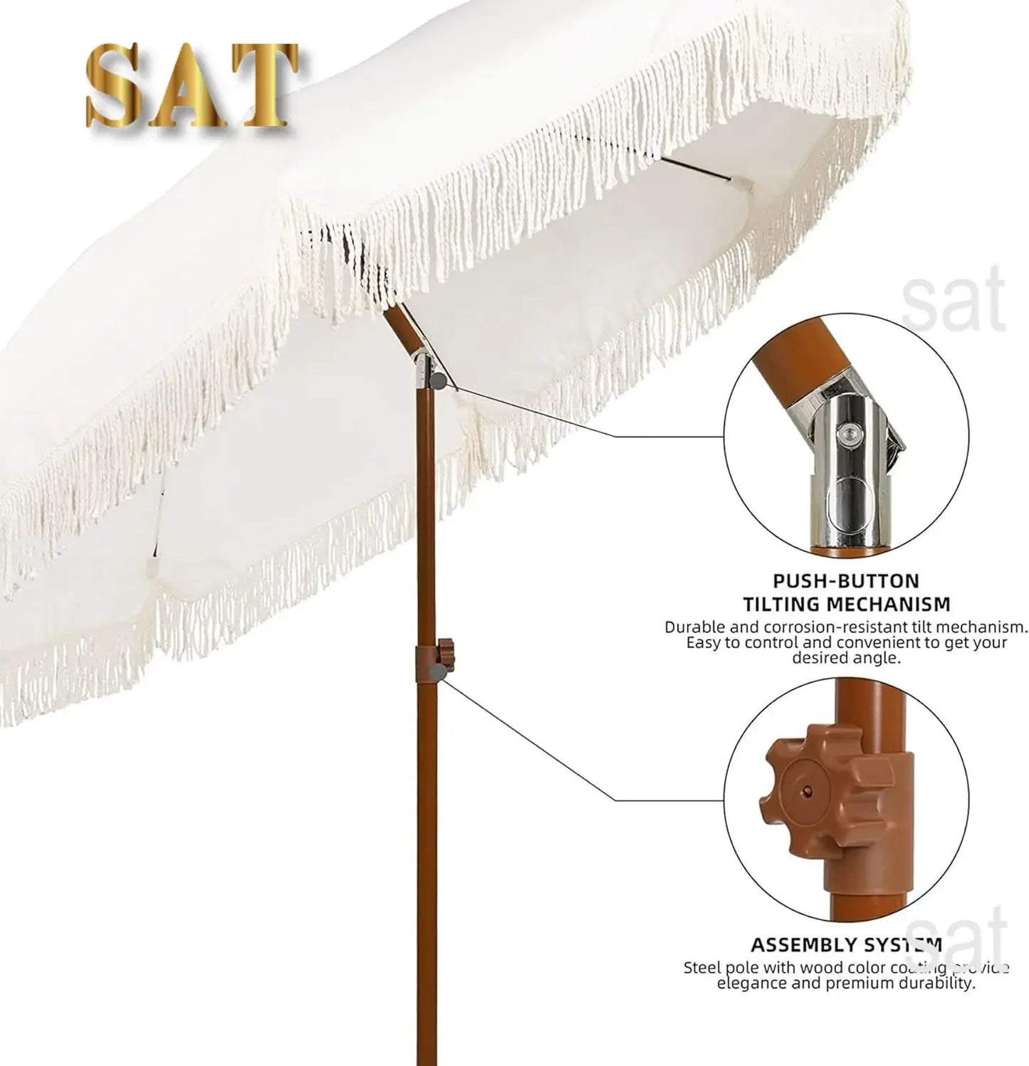 #For 7ft Patio Umbrella with Fringe Outdoor Tassel Umbrella UPF50+ Premium Steel Pole and Ribs Push Button Tilt,  Gazebo&