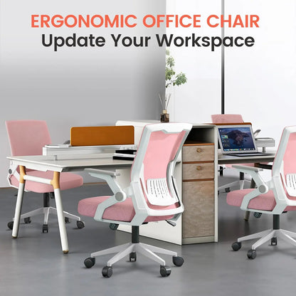Ergonomic Office Chair with Flip-up Armrests, Breathable Mesh & Lumbar Support in Pink