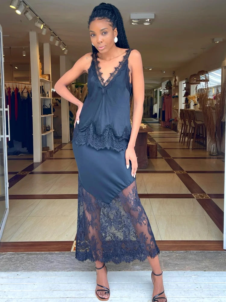Lady Elegant Patchwork Lace Skirts Fashion High Waist Slim Hollow Out Maxi Skirts 2026 Autumn Women Brown Party Club Skirt
