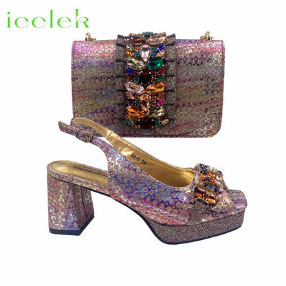 2026 Shiny Italian Fashion Pointed Toe Women Heel Fashion Rhinestone Decoration Silver Color Shoes And Bag Set