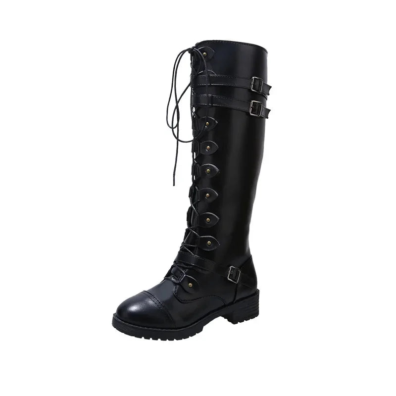 Women Knee high Boots Autumn Winter Lace Up Flat Shoes Sexy Steampunk PU Retro Buckle women shoes Ladies Snow Boots yui8