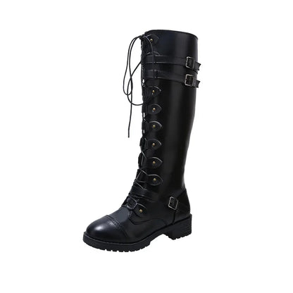 Women Knee high Boots Autumn Winter Lace Up Flat Shoes Sexy Steampunk PU Retro Buckle women shoes Ladies Snow Boots yui8