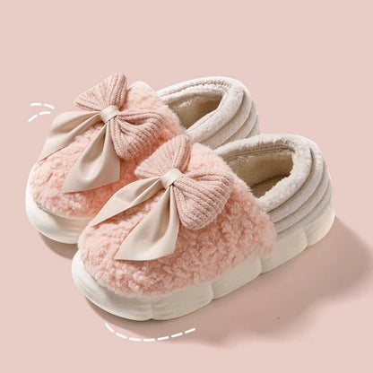 Thick Soled Non Slip Home Plush Slippers 2025 New Cotton Slippers for Women Bow Slippers for Autumn and Winter Warm for Women