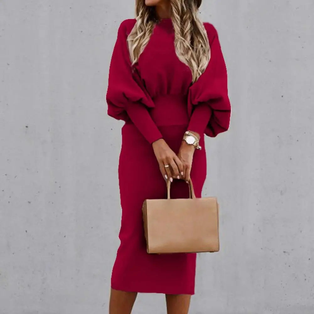 Women Autumn Dress Crew Neck Elegant Lantern Sleeve High Waist Women Bodycorn Dress Autumn Winter Office Ladies Midi Dress