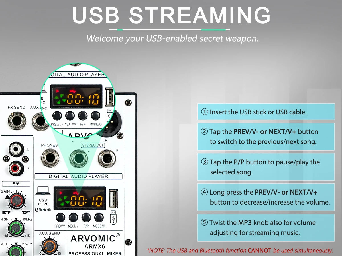 6-Channel Audio Mixer, DJ Mixer with USB Audio Interface, Bluetooth Function, 16 DSP Effects, and 3-Band EQ (ARMX-6)