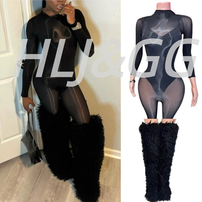 HLJ&GG Black Sexy See Though Bodycon Jumpsuits Women Round Neck Long Sleeve Slim Playsuits And Bodysuits Outfit Fashion Clubwear