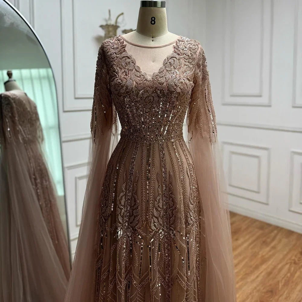Luxury Elegant Rose Gold Beaded A Line Evening Dress with Cape Sleeves for Formal Party Serene Hill 2026 Customized CLA73056