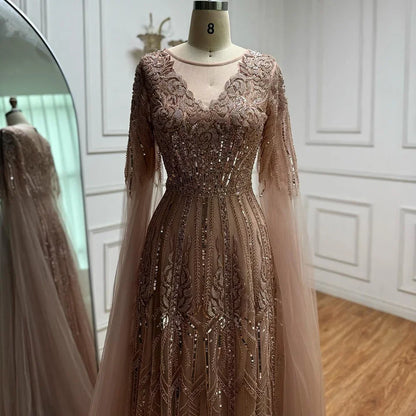 Luxury Elegant Rose Gold Beaded A Line Evening Dress with Cape Sleeves for Formal Party Serene Hill 2026 Customized CLA73056