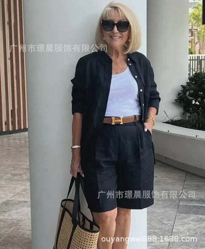2026 Elegant 2-Piece Sets For Women Womens Cardigan Shirt Top Summer Solid Color Casual Shorts Two Piece New In Matching Sets