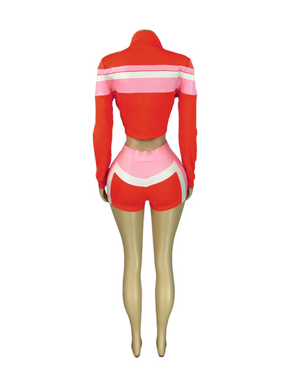 Joskaa Women 2025 Spliced 3 Piece Set Clothes Long Sleeve Cardigan Crop Top Jacket Jogger Biker Shorts Outfits Y2k Tracksuits