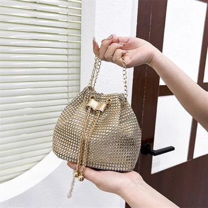 Sparkling Rhinestone Embellished Drawstring Crossbody Bag for Women Multi-Functional Bucket Purse with Detachable Chain Strap