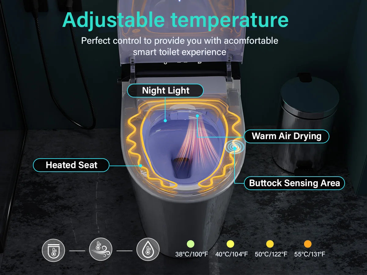 Elongated Smart Toilet with Bidet Built in, Foam Dispenser, Voice Control, One-Piece Bidet Toilet with Warm Water and Dryer