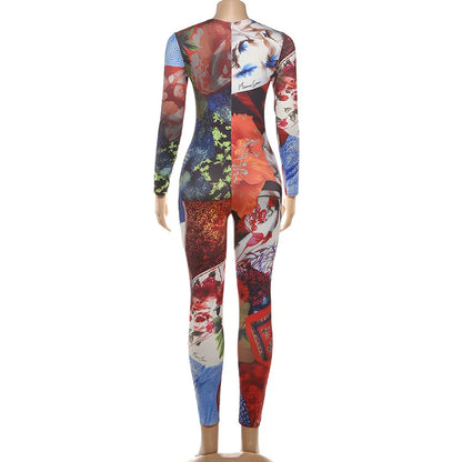 SsTss Elegant Printed Jumpsuit Women 2025 Autumn Fashion O Neck Long Sleeve Slim Stretchy Streetwear Casual One Piece Rompers