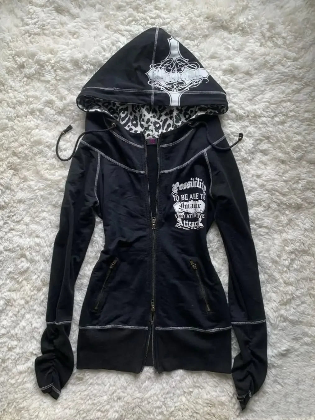 American street hot girl retro print black classic zipper hoodie women's y2k hip-hop trend temperament slim design jacket