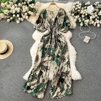 Women's Print Jumpsuit Casual V-neck Bubble Sleeve Backless Lace-Up Slimming Summer Beach Vacation Loose Wide Leg Jumpsuit